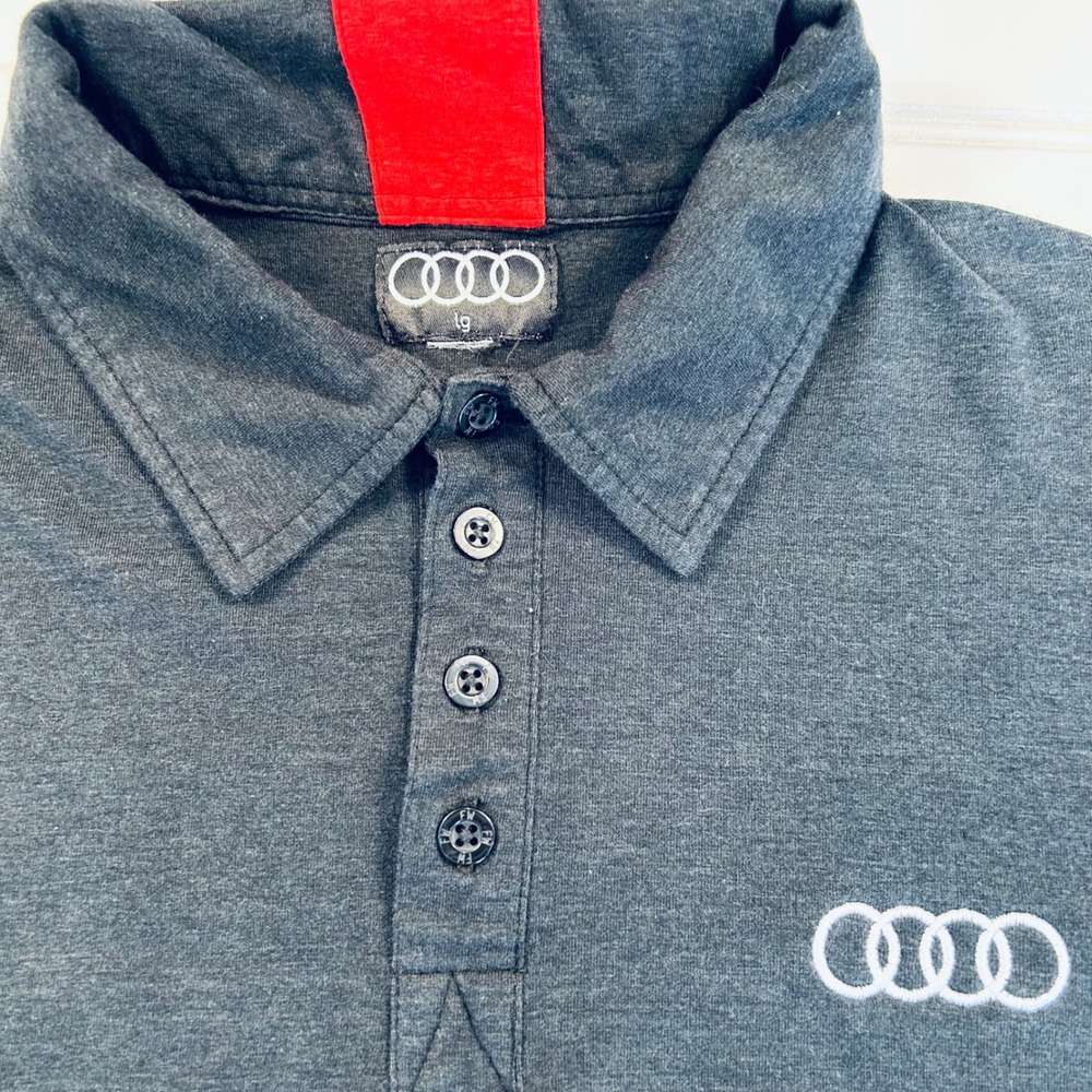 Audi Sport Collection Pique Knit Polo Shirt Mens LG Charcoal Grey Racing Stripe